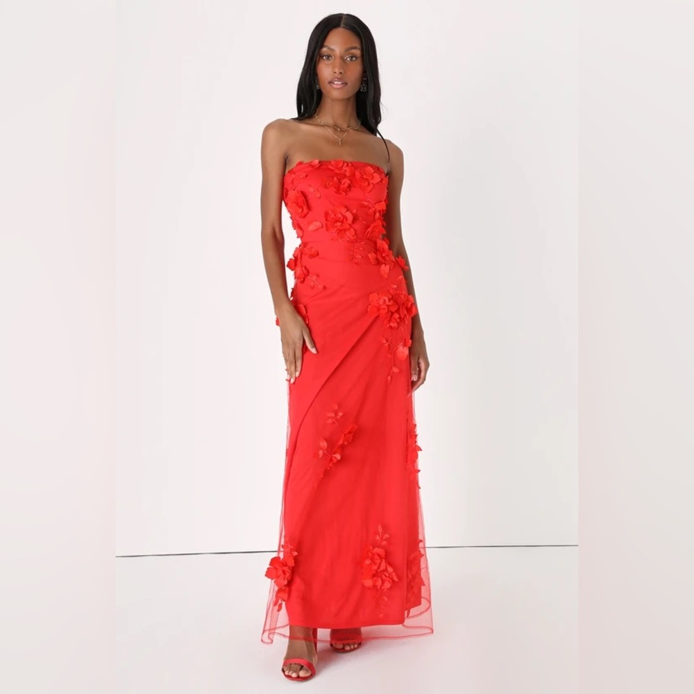 Red Floral Strapless Dress